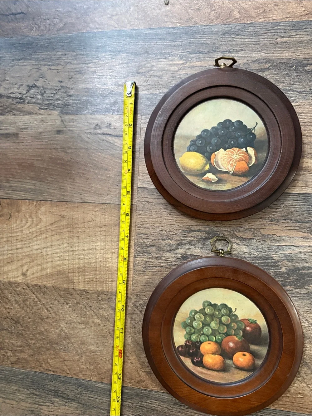 Vintage wooden wall pictures with bronze hooks a set